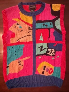 Vintage Cotton Ramie Mister Noah Abstract Art Sweater Vest M Novelty Y2K Teacher